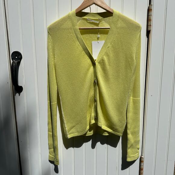 Maria McManus Featherweight Slim Cardigan Lemon Ice Sz L NWT Cashmere Cotton - Picture 1 of 12
